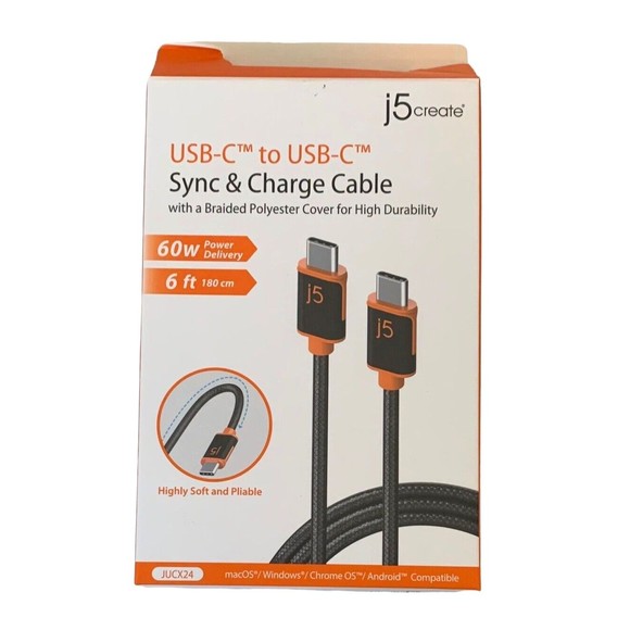USB-C to USB-C Sync & Charge Cable 6 Ft. 60W by j5create JUCX24 - NEW Open Box - Picture 1 of 4